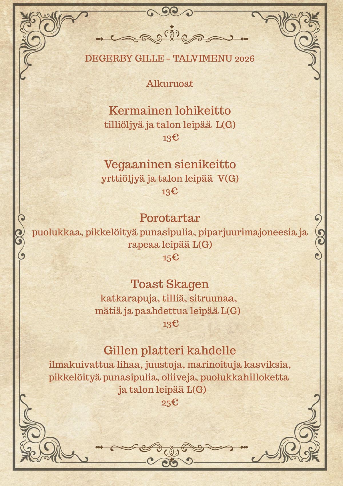 Gillen talvimenyy alkuruoat Gillen talvimenyy alkuruoat