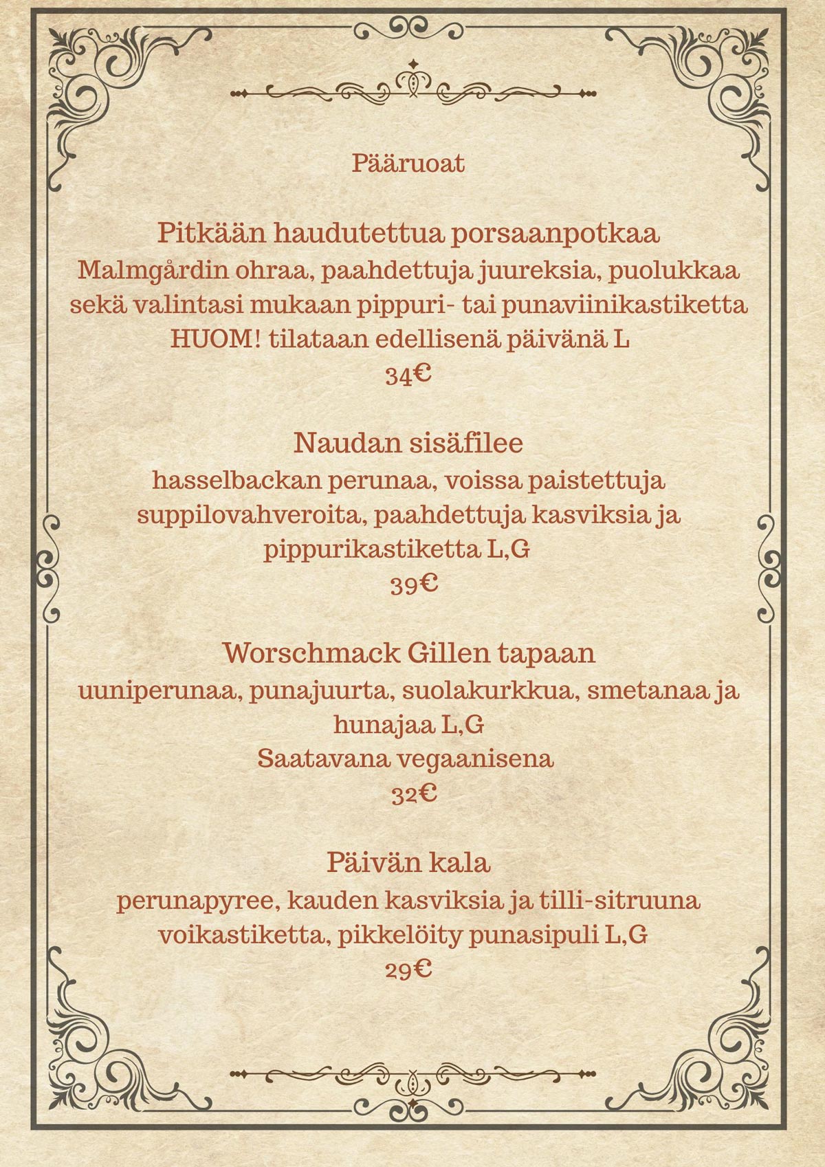Gillen talvimenyy pääruoat Gillen talvimenyy pääruoat