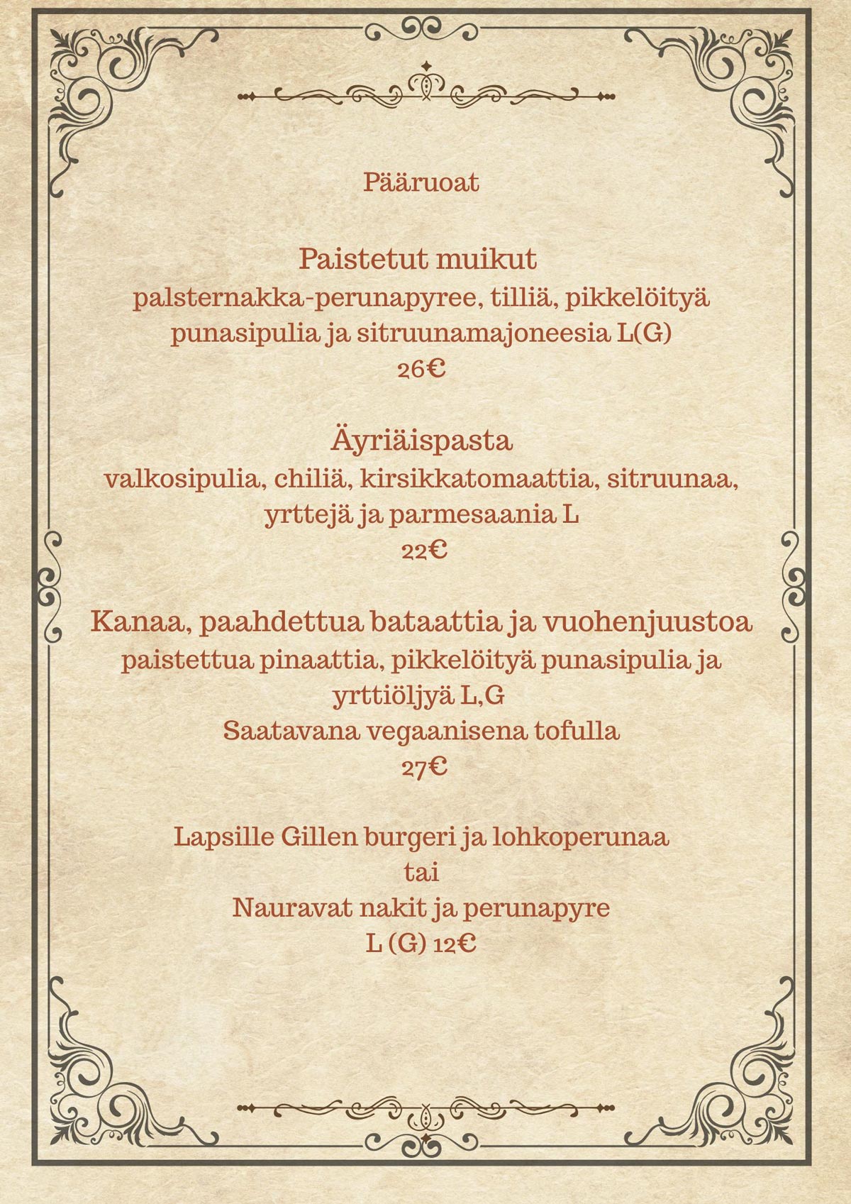 Gillen talvimenyy pääruoat Gillen talvimenyy pääruoat